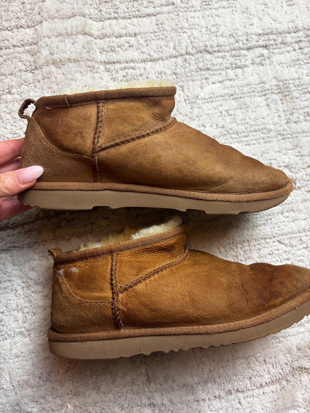 Ugg Sheepskin Ankle Mini Boots Tan Suede Shearling Size 6